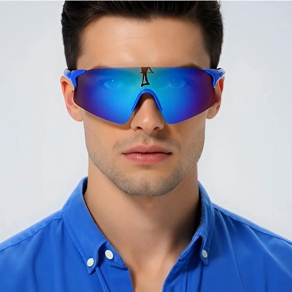 Blue Sport Shield Sunglasses Mirrored Lens‎ Rimless Cycling Running Shades Gafas